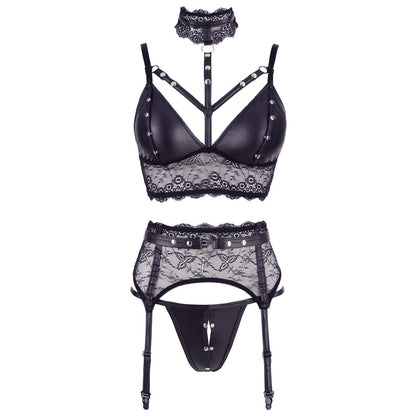 Cottelli bondage bra and panty set in black with straps and metal hardware
