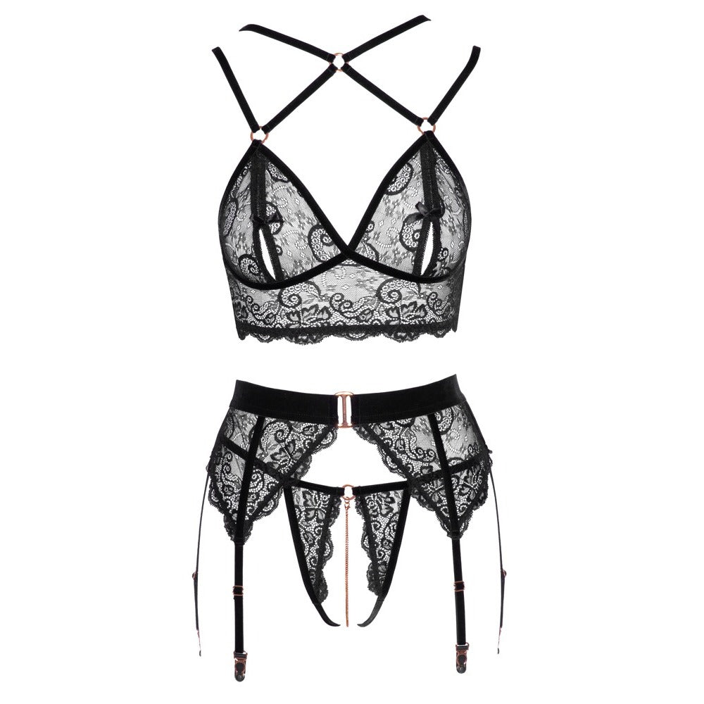 Abierta Fina lacey open suspender set, showcasing the delicate fabric and stylish design, a complete bra set.