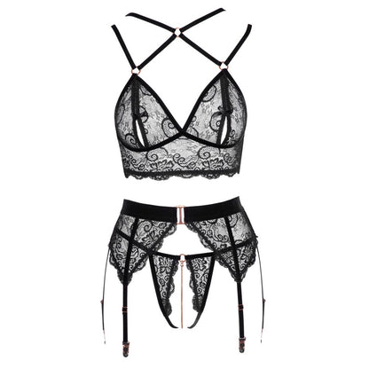 Abierta Fina lacey open suspender set, showcasing the delicate fabric and stylish design, a complete bra set.