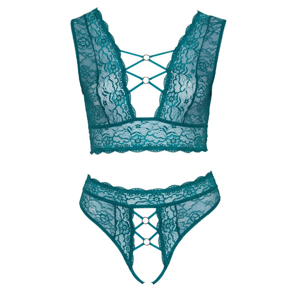 Cottelli Curves plus size lingerie set, featuring a black bralette and crotchless thong.