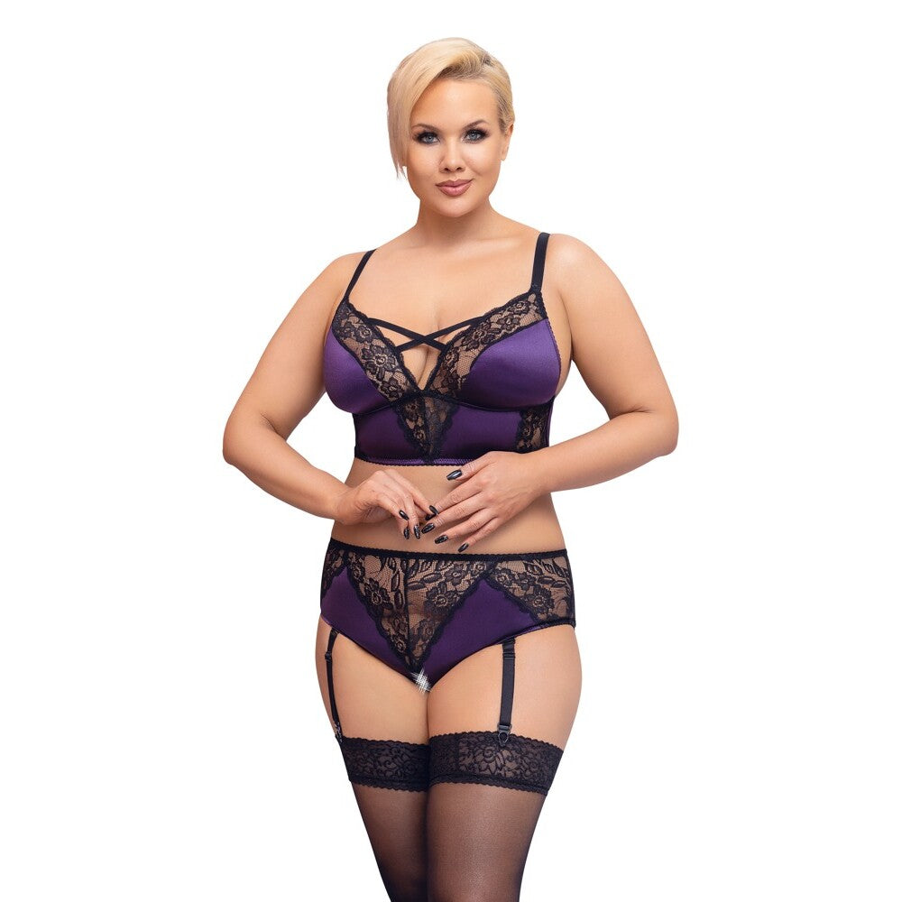 Plus size black bralette and suspender set from Cottelli Curves, a saucy lingerie look.