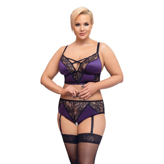 Plus size black bralette and suspender set from Cottelli Curves, a saucy lingerie look.
