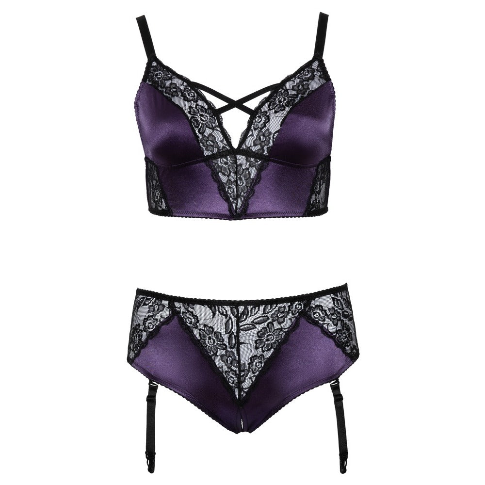 Plus size black bralette and suspender set from Cottelli Curves, lacy and alluring.