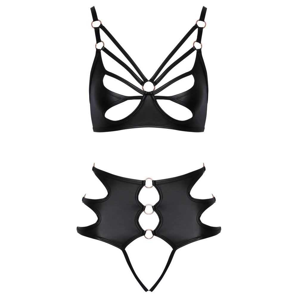 Cottelli Collection crotchless bondage bra set, black strapping detail, provocative and daring lingerie.