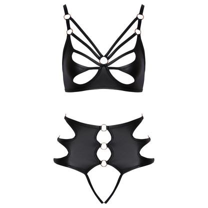 Cottelli Collection crotchless bondage bra set, black strapping detail, provocative and daring lingerie.