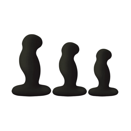 A trio of black, vibrating nexus g play prostate massagers, part of a butt plug kit.