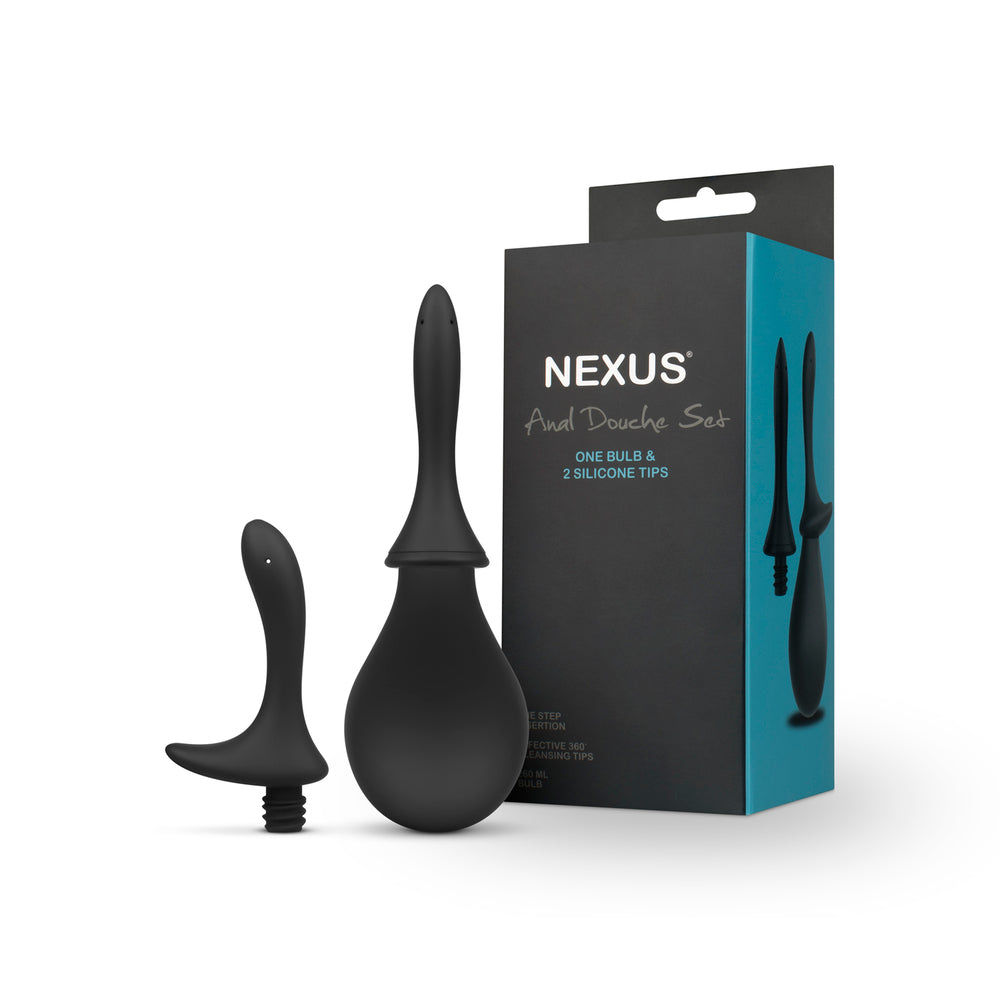 Nexus anal douche set for personal hygiene, showing the clear bottle and attachments.