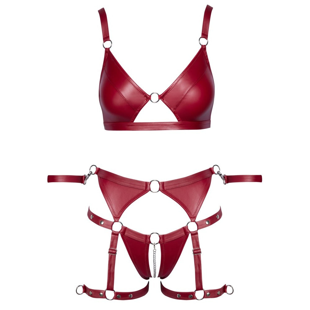 Cottelli Collection red bondage bra and panty set, crotchless design, for the boudoir.