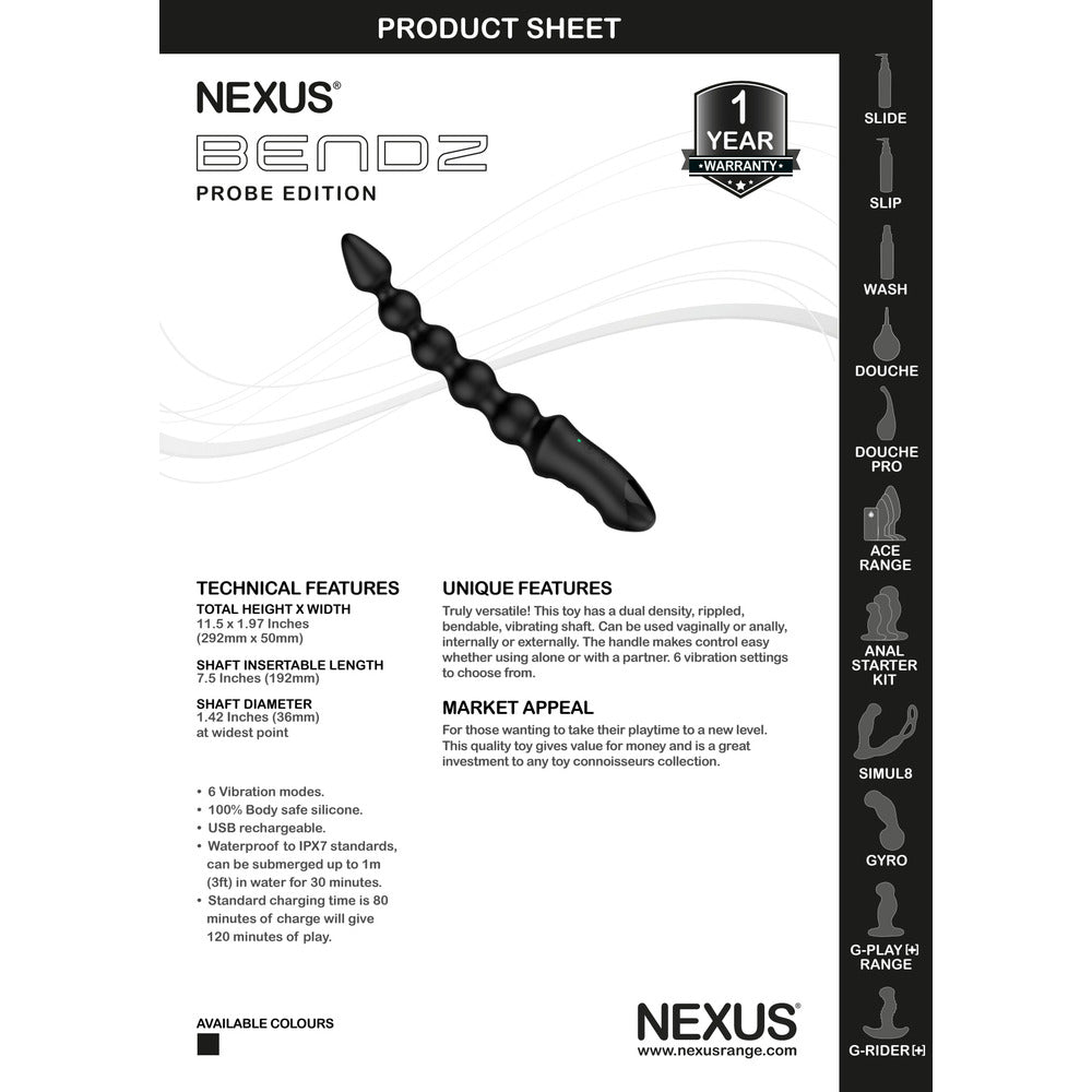 Nexus vibrating anal probe, bendable design in sleek black silicone, perfect for internal stimulation.