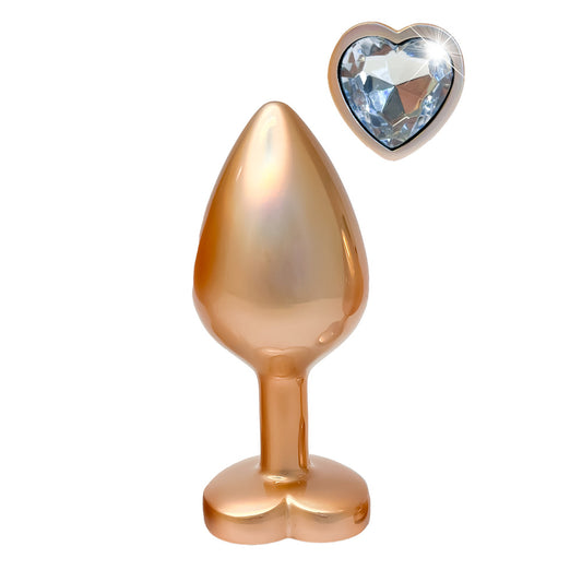 Dream Toys gleaming love pearl gold butt plug, medium size, with jewel detail.