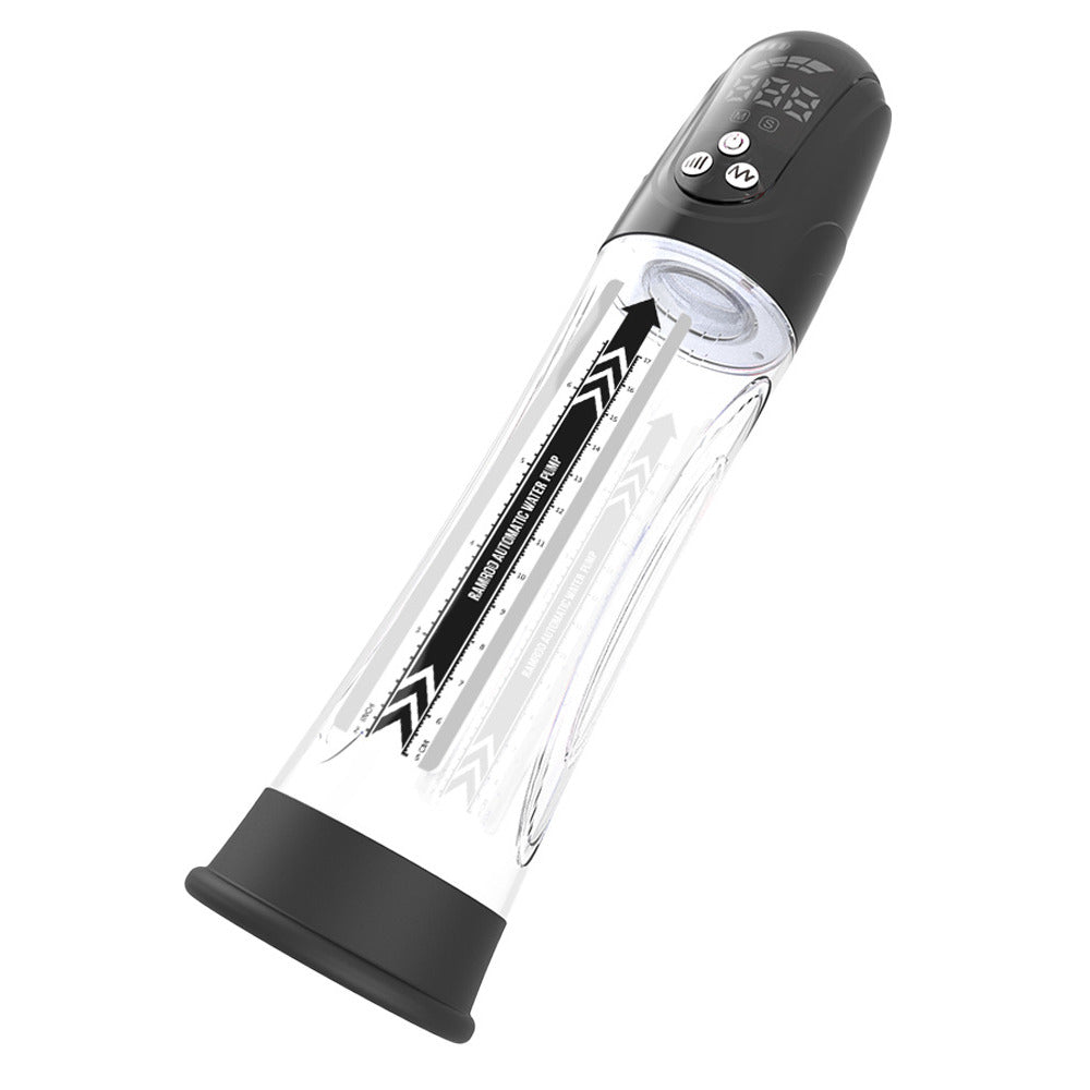 Dream Toys automatic ramrod water pump penis enlarger, clear plastic with black handle.