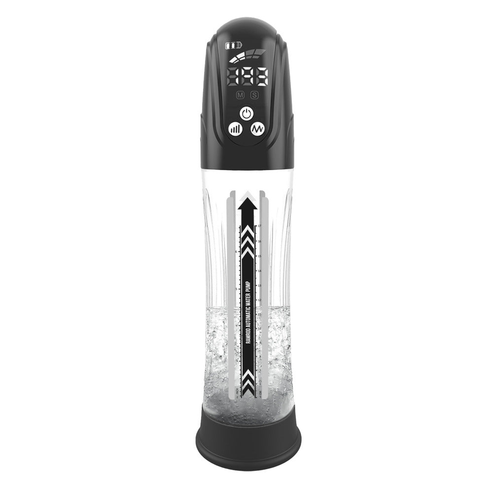 Dream Toys automatic ramrod water pump for penis enlargement, translucent cylinder with hand pump attachment.