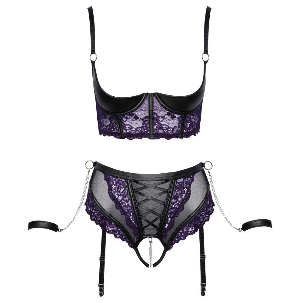 cottelli quarter cup bra set with suspender briefs and handcuffs, a saucy lingerie ensemble