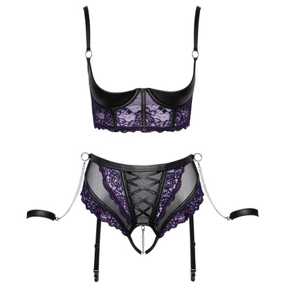 cottelli quarter cup bra set with suspender briefs and handcuffs, a saucy lingerie ensemble