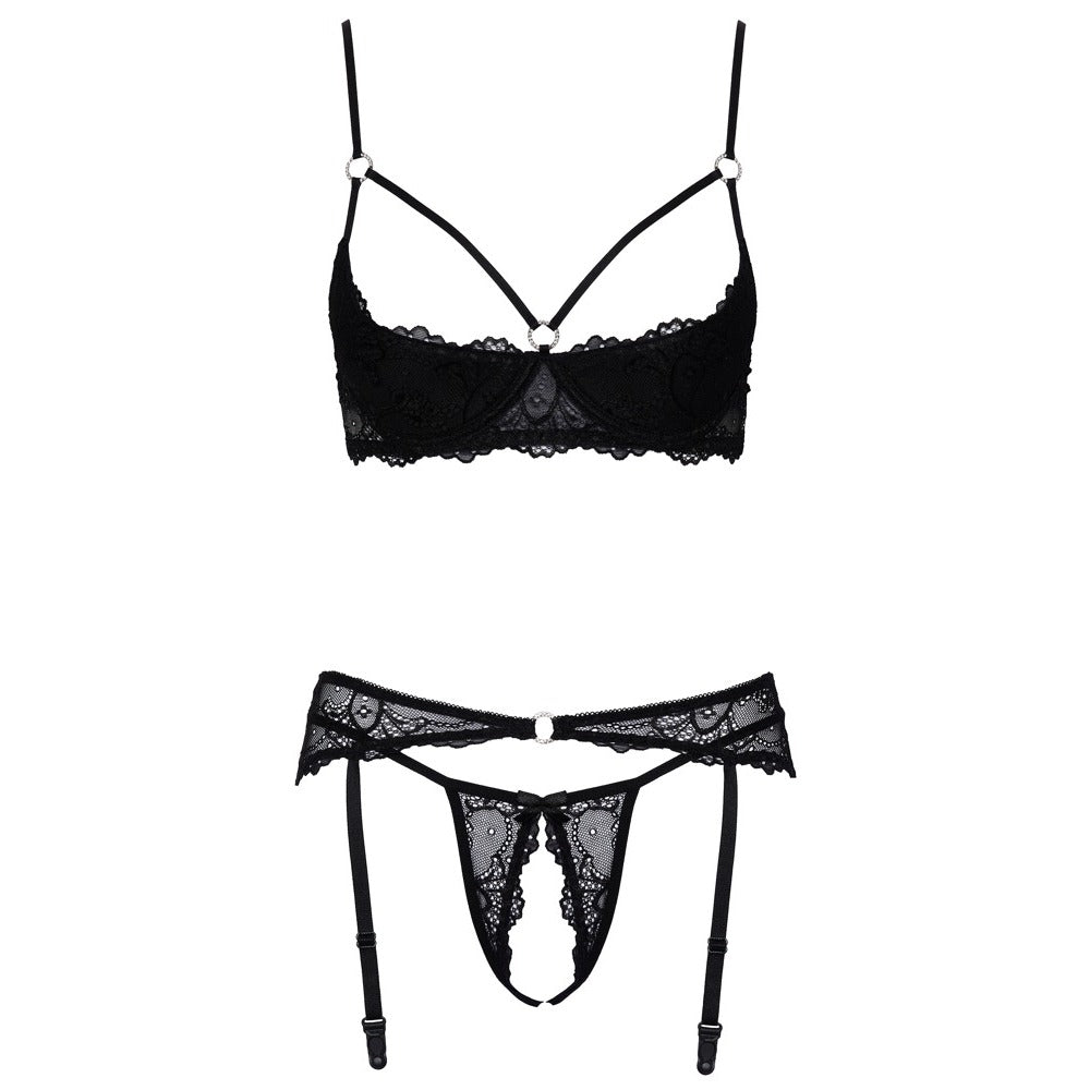 Cottelli Collection cupless and crotchless bra set in black lace for boudoir.