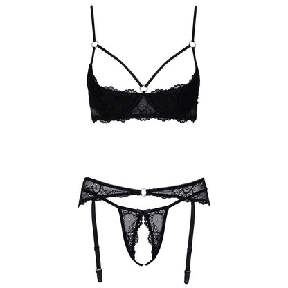 Cottelli Collection cupless and crotchless bra set in black lace for boudoir.