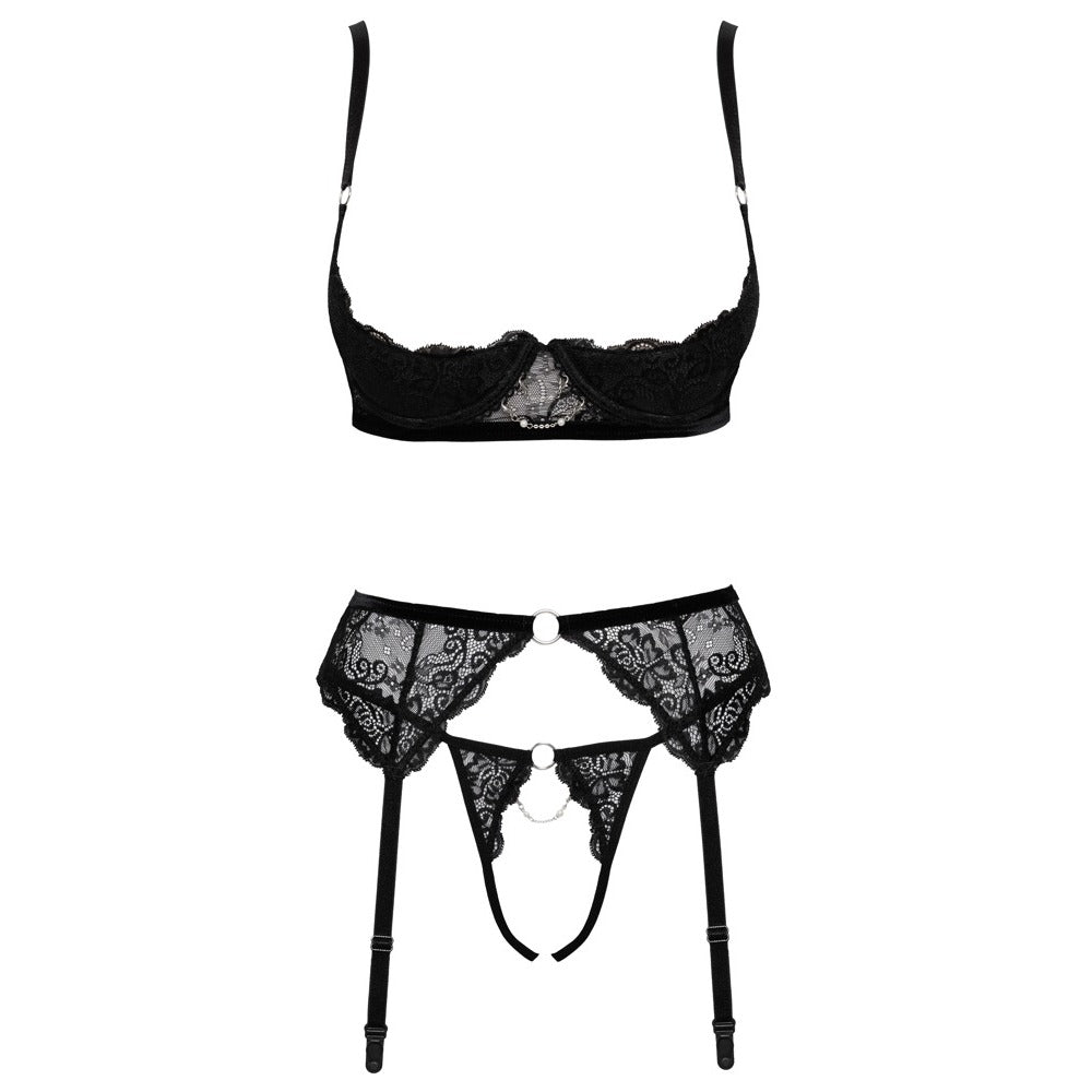 Cottelli erotic trio bra set in black, showcasing lace detailing and a suggestive design.