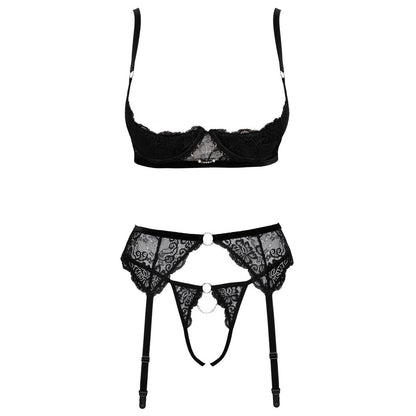 Cottelli erotic trio bra set in black, showcasing lace detailing and a suggestive design.