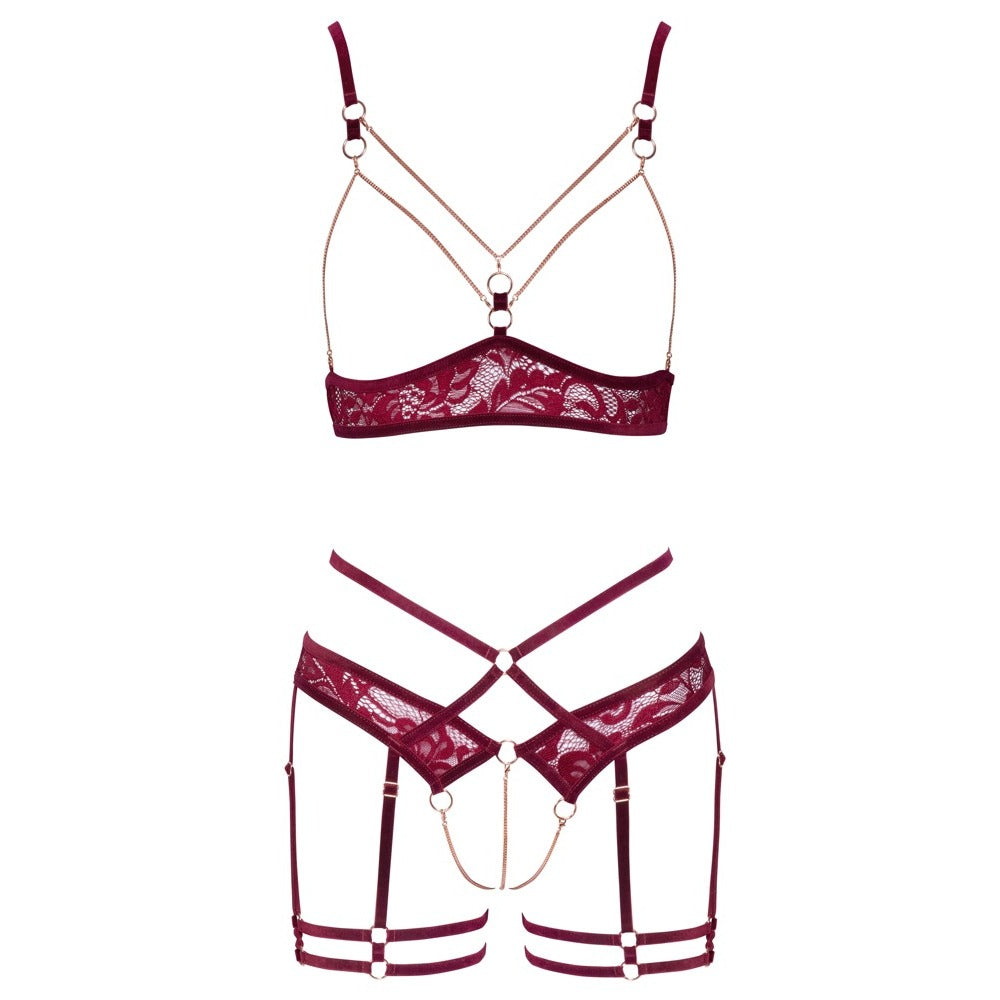 Abierta Fina open red lace bra set, a delicate and stylish lingerie two-piece.
