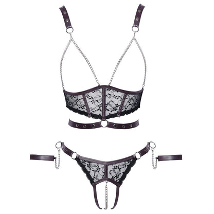 Corsetti Lingerie black lace bra set with chain detailing and a crotchless design