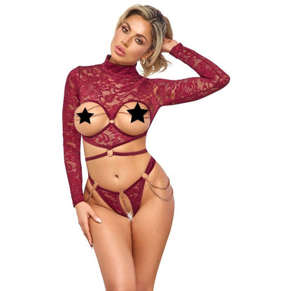 Abierta Fina open red lace body, part of a bra set, showing delicate detailing.