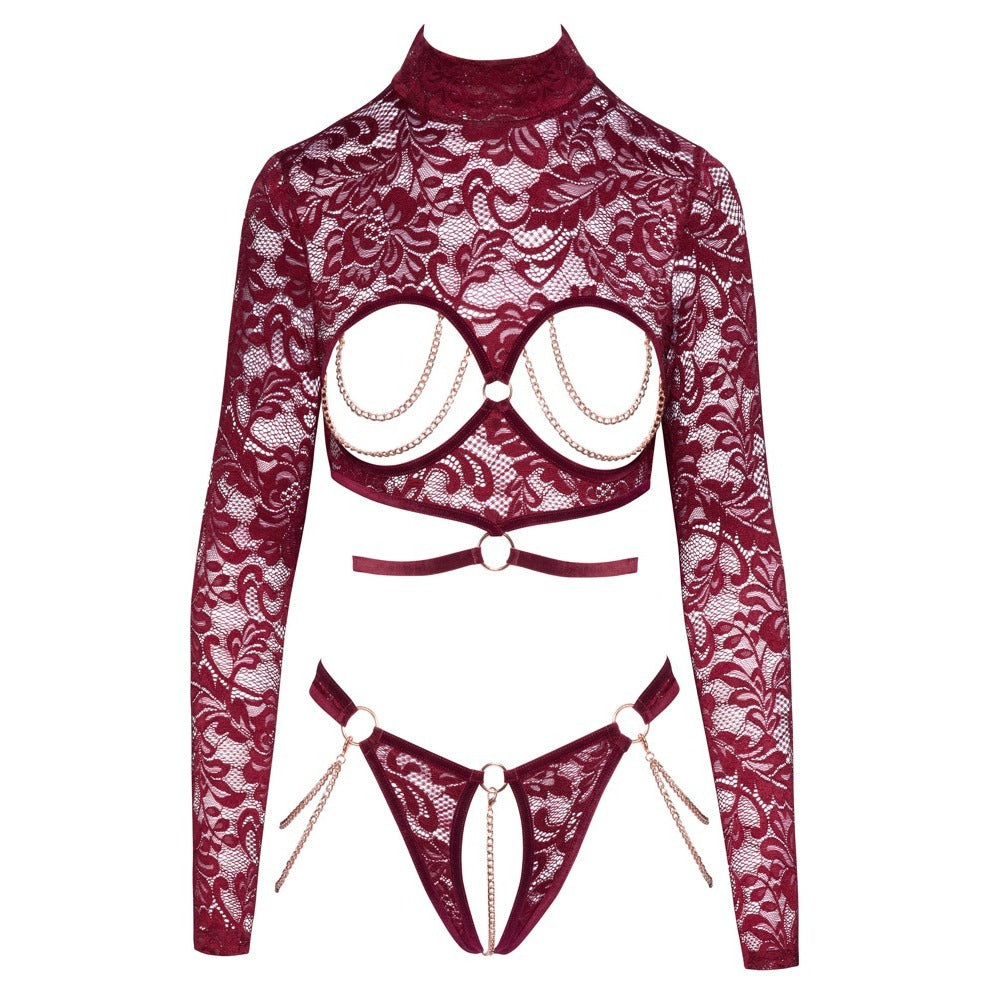 Abierta Fina open red lace body, a delicate and alluring bra set.
