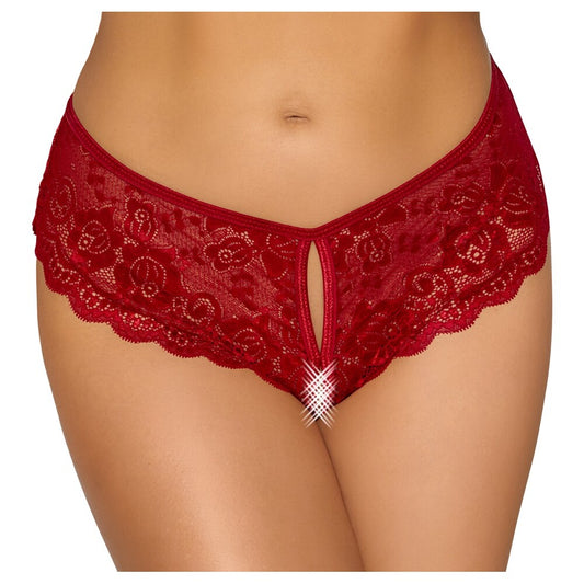 Red crotchless knickers from Cottelli Collection, a daring lingerie choice for confident women.