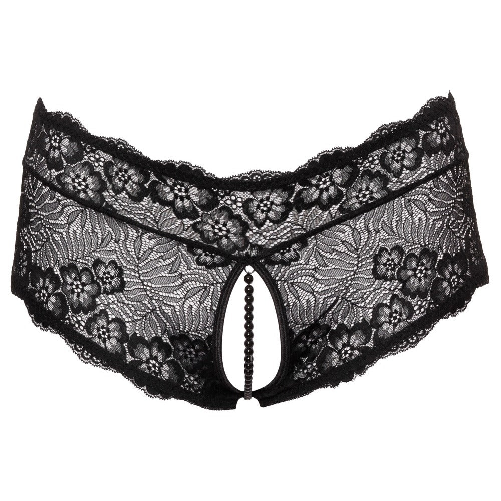Cottelli Curves black panties featuring a delicate pearl chain, designed for her.