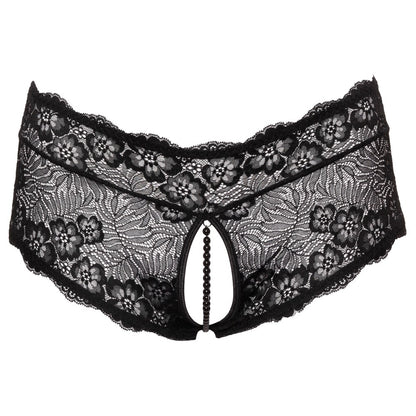 Cottelli Curves black panties featuring a delicate pearl chain, designed for her.