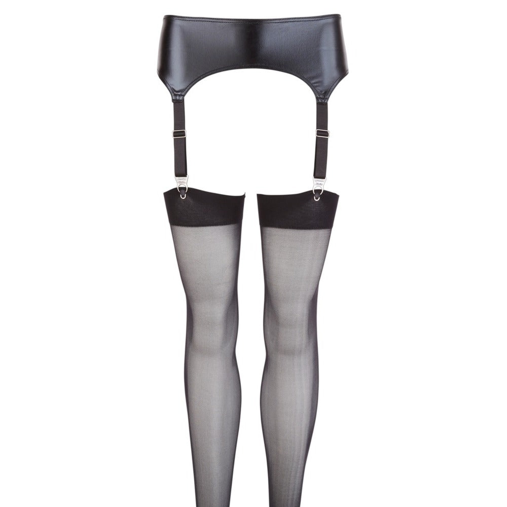 Wet look suspender belt with matching stockings, perfect for a night out, black