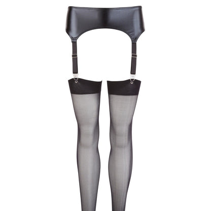 Wet look suspender belt with matching stockings, perfect for a night out, black