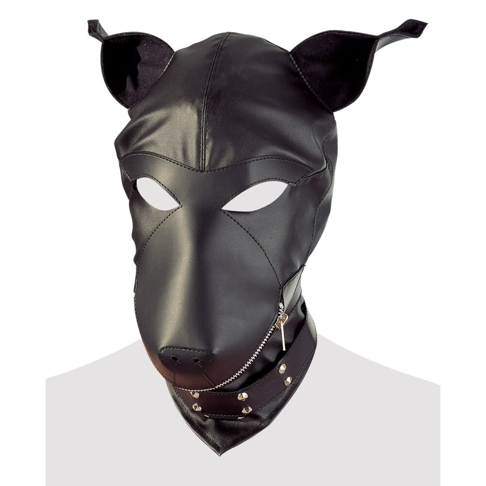 Black imitation leather dog mask with buckle straps, part of the fetish collection.