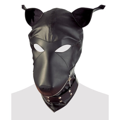 Black imitation leather dog mask with buckle straps, part of the fetish collection.