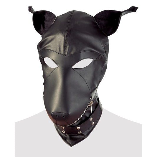 Black imitation leather dog mask with buckle straps, part of the fetish collection.