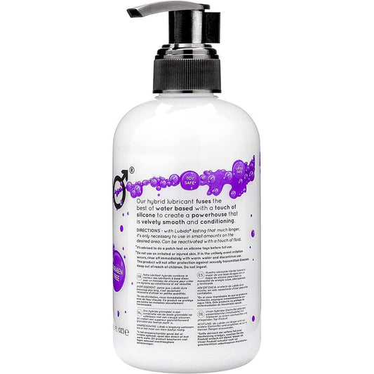 Lubido hybrid lubricant in a clear bottle. Water-based, paraben-free formula for enhanced pleasure.