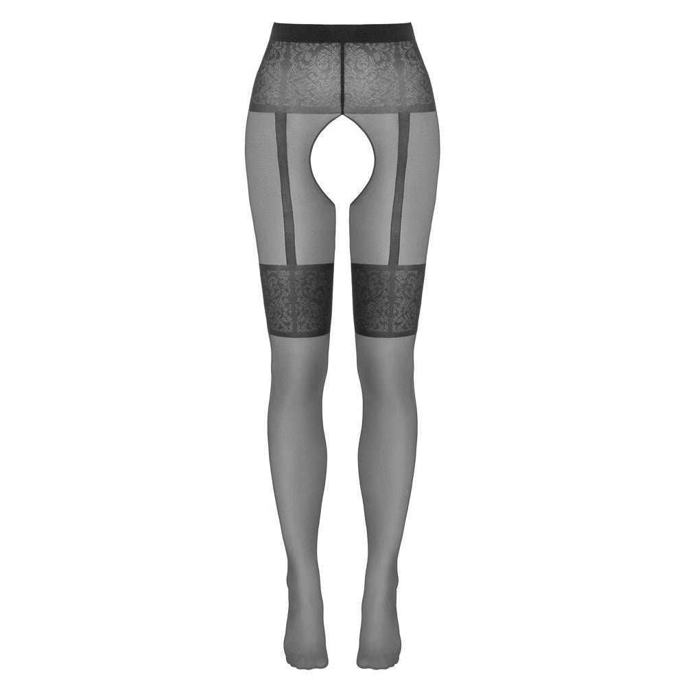 Cottelli Collection crotchless black stockings, a daring and seductive hosiery choice.