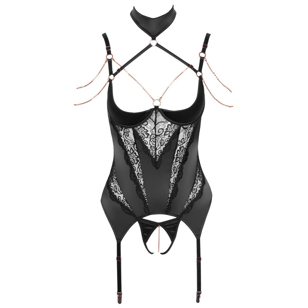 Abierta Fina basque set in black with decorative chains, part of the basques and corsets range.