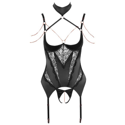 Abierta Fina basque set in black with decorative chains, part of the basques and corsets range.