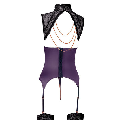 Abierta Fina black basque and crotchless lingerie set featuring delicate chains, a seductive and stylish look.