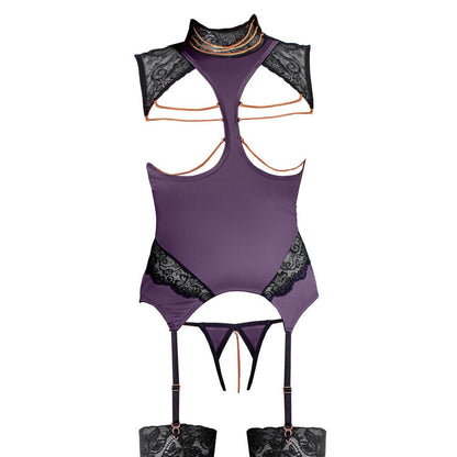 Abierta Fina black basque and crotchless set with delicate chain detailing, a sultry lingerie look.