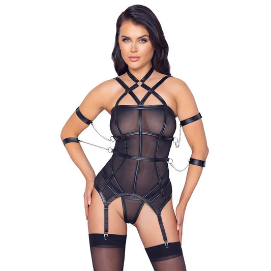 Cottelli Collection black bondage basque with suspender straps and matching string.