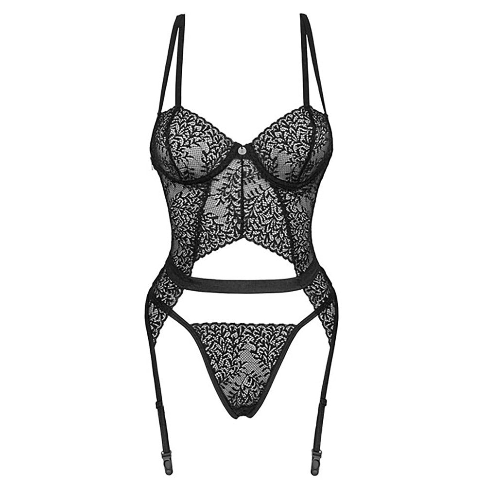 Obsessive Yaskana corset set in sultry black; Basque and corset lingerie showing exquisite detailing.
