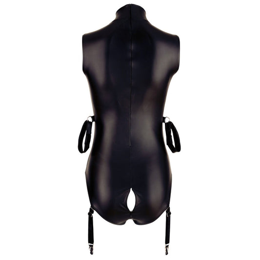 corsetti lingerie bondage body: black bodysuit with cut-out sections and adjustable straps.