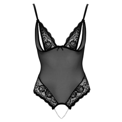 cottelli crotchless peek-a-boo body, a tantalising black lace bodysuit with playful cut-out details