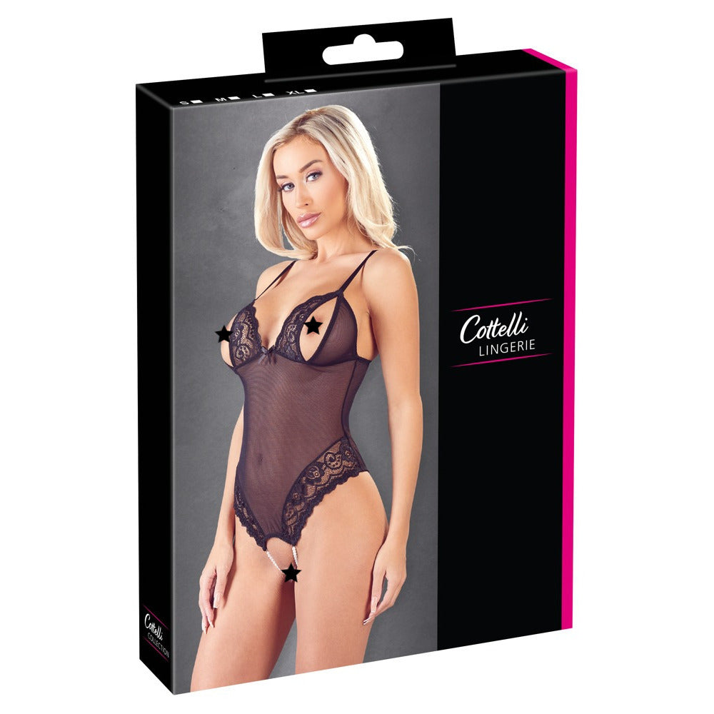 cottelli crotchless peek-a-boo body, a black lace bodysuit with revealing cut-out details