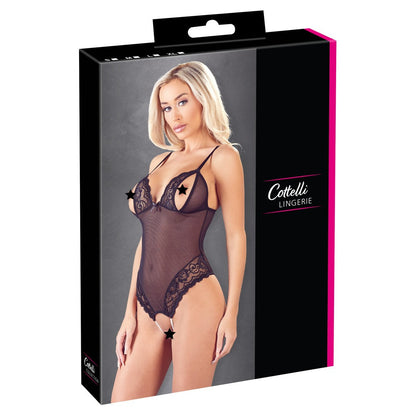 cottelli crotchless peek-a-boo body, a black lace bodysuit with revealing cut-out details