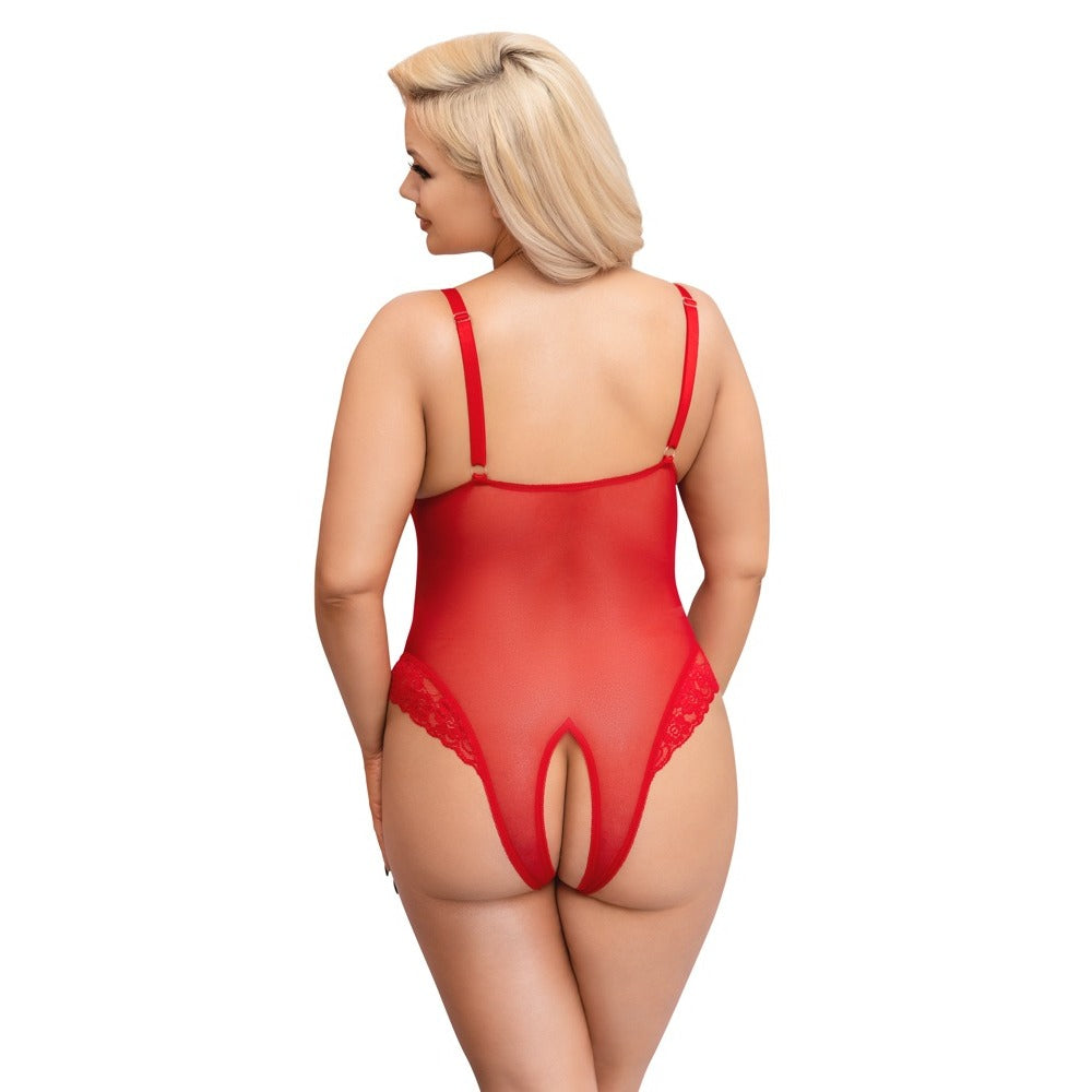 Cottelli Curves red crotchless body in a plus size lingerie style, showcasing a sensual design.