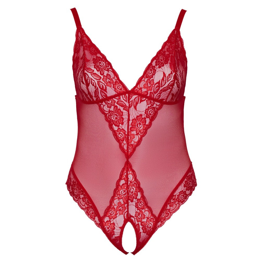 Cottelli Curves red crotchless body, a striking plus size lingerie piece for an alluring look.