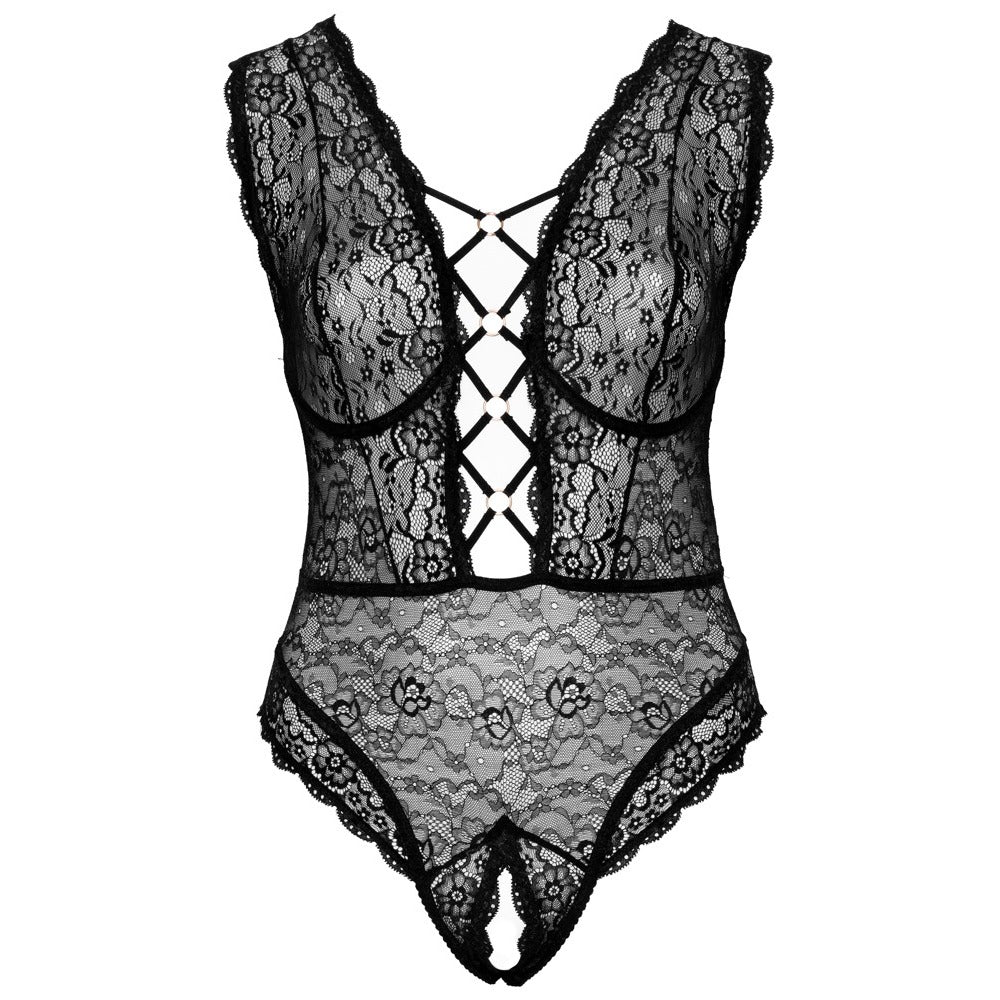 Cottelli Curve black plus size lingerie body with open crotch detail, showcasing a daring style.