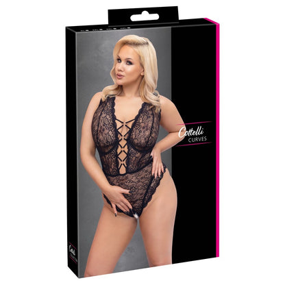 Cottelli Curve black plus size body with open crotch, crafted from a smooth, sensual fabric.